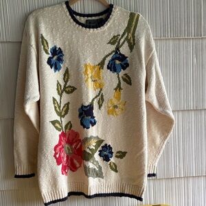 Floral Knit Sweater - Cream with Multicolor Floral Design